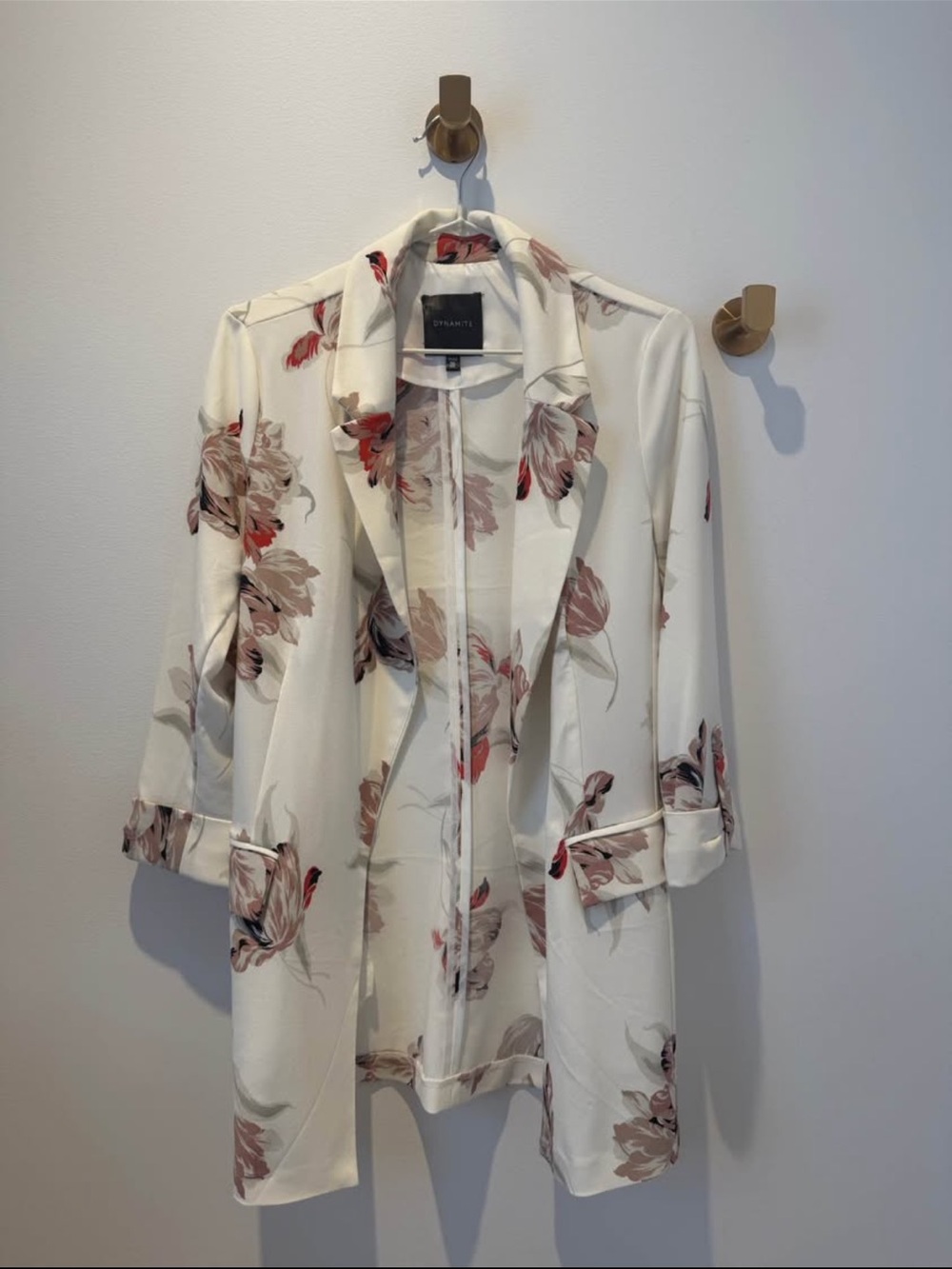 Dynamite Cream Floral Open Blazer with Pink and Taupe Blooms